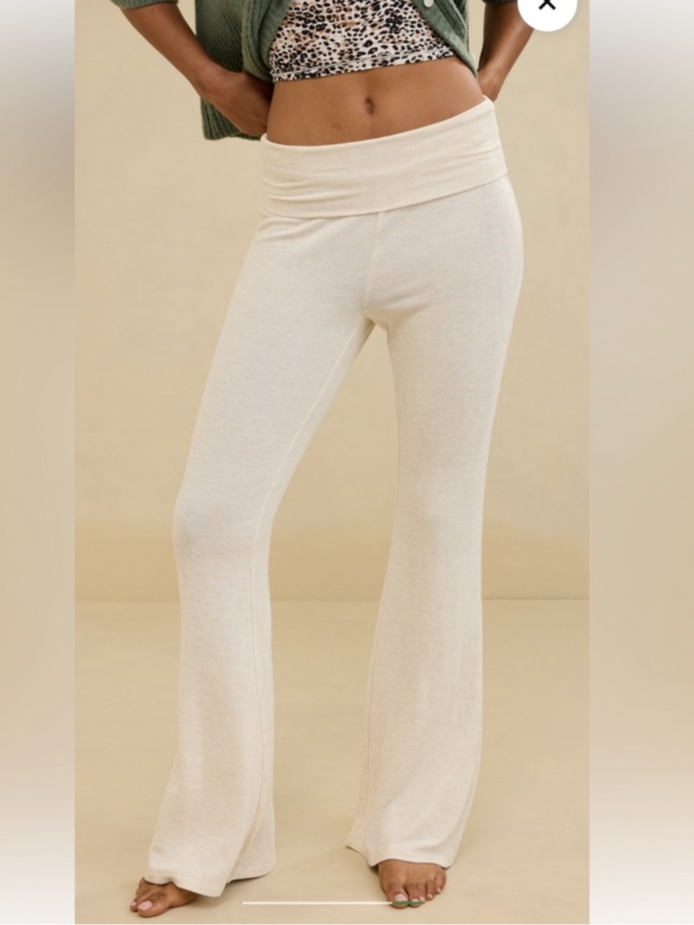 Aerie Light Beige Fold-Over Waist Wide-Leg Lounge Pants